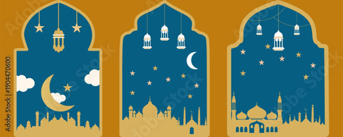 Elegant Ramadan lanterns with mosque silhouettes and stars