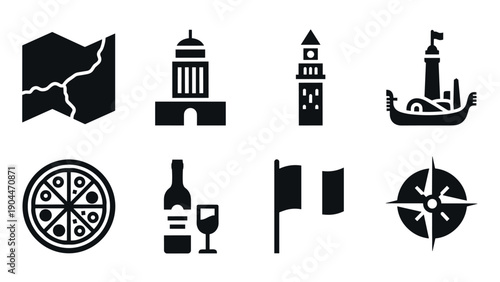 Icon set of travel and navigation symbols in black silhouette style