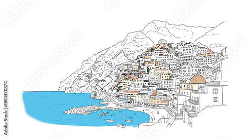 Colorful coastal village sketch with ocean and mountain backdrop