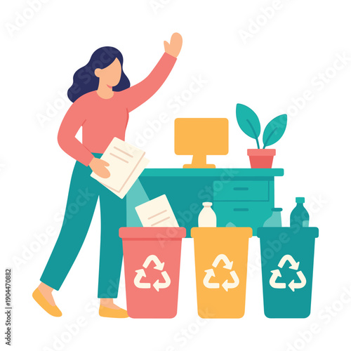 Woman throwing paper in recycling bins at office