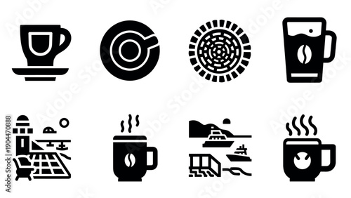 Icon set of coffee cups and scenic destinations in minimalist style