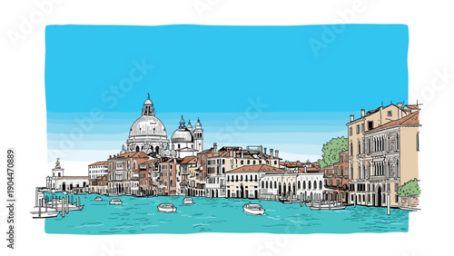 Hand-drawn venice canal scene with historical architecture under a bright blue sky