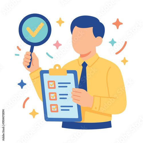 Businessman holding checklist and magnifying glass flat vector