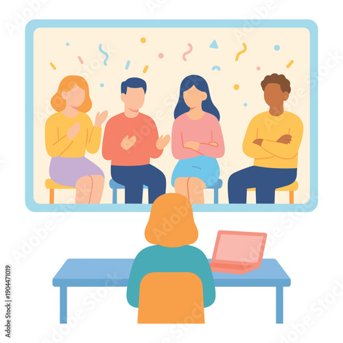 Person Video Conferencing with Group on Laptop Screen