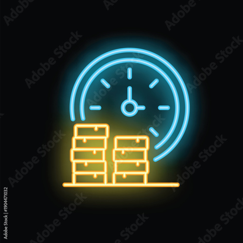 Neon sign illustrating the concept of time management with a clock ticking over cardboard boxes