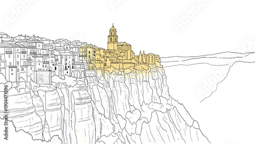Church and cliffside village line art with minimalist style