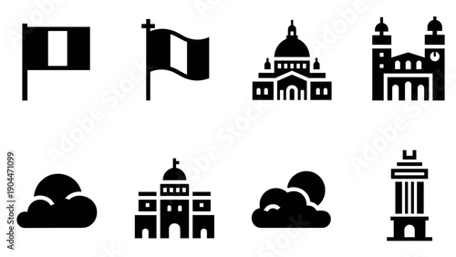 Minimalist icon set of italian landmarks and flag designs in bold silhouette