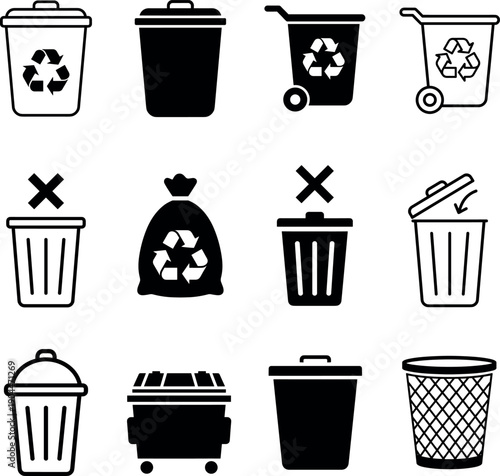 Trash and garbage bin icons vector set, waste recycle containers dumpster disposal symbols on transparent background
