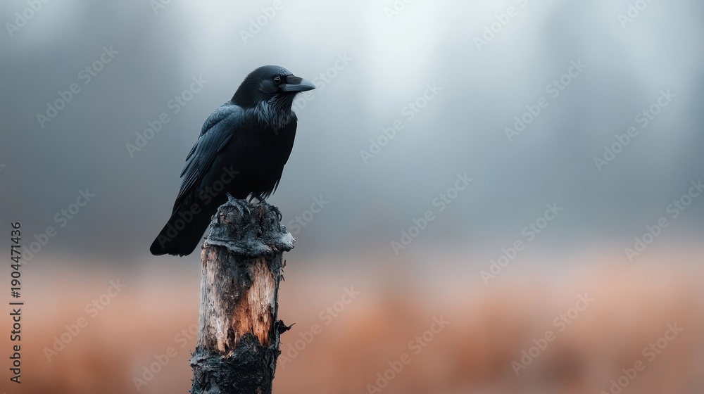 Fototapeta premium A solitary black raven perched on an aged tree stump amidst a misty landscape, symbolizing intelligence and mystery, evoking thoughts of nature's beauty and the unknown.