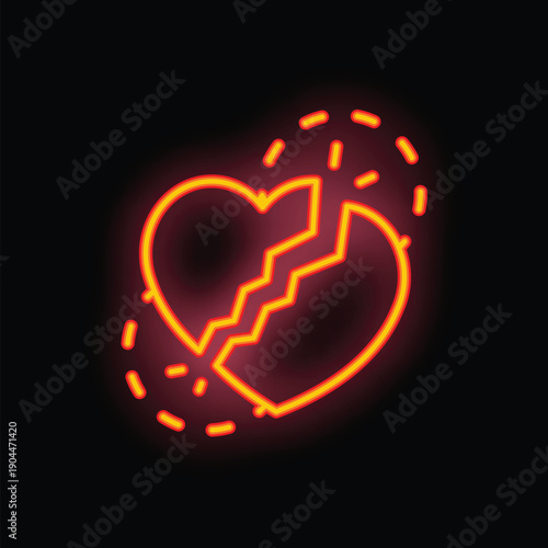 Neon sign is showing a broken heart with a crack on a dark background