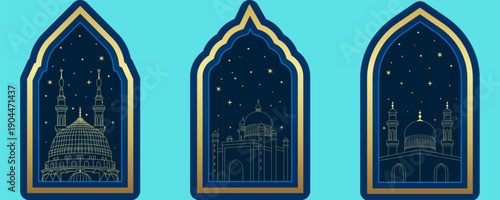 Elegant mosque illustrations with golden details and stars