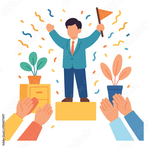 Businessman holding flag standing on podium with applause