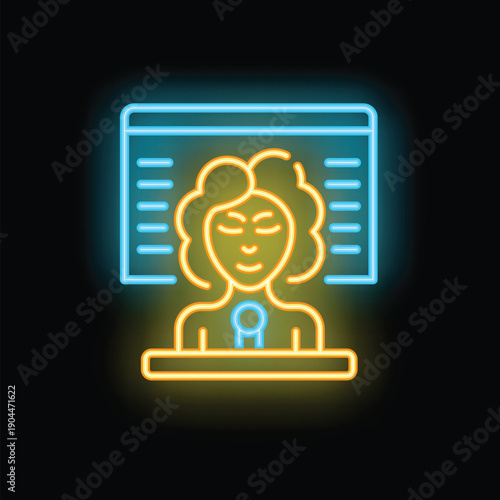 Neon sign depicting a female news anchor behind a news desk presenting the news on a screen in the background