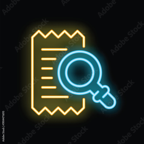 Neon icon of a magnifying glass hovering over a receipt, representing auditing services, financial investigation, and document analysis