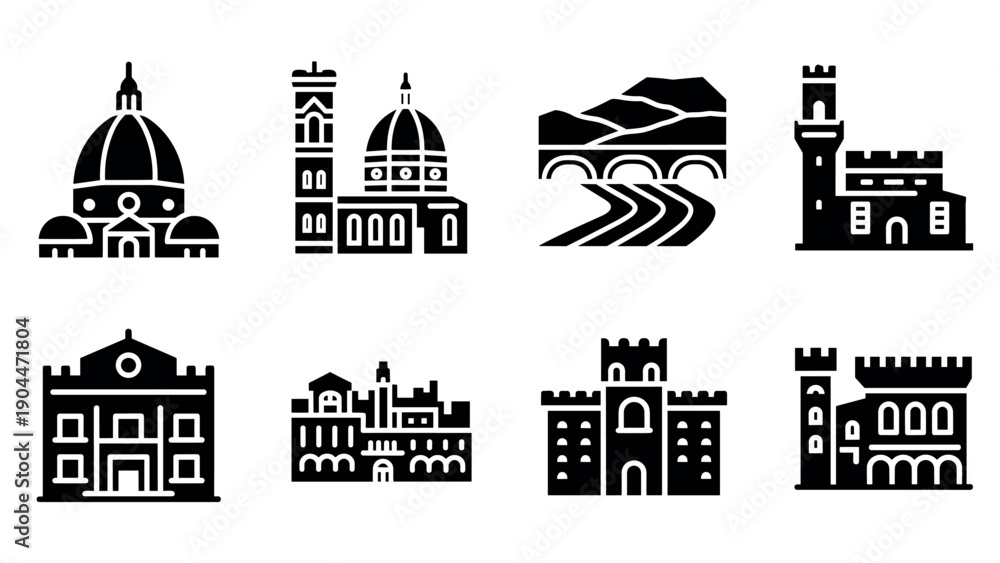 Naklejka premium Silhouette icon set of italian landmarks in black and white