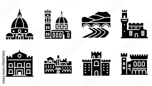 Silhouette icon set of italian landmarks in black and white