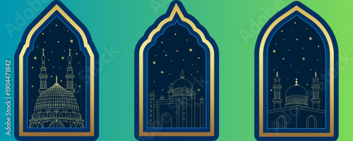 Elegant mosque illustrations with golden details on blue background