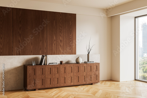 Modern minimalist interior room with wooden sideboard and wall panels in bright daylight near large window, neutral tones and clean design concept. 3D Rendering