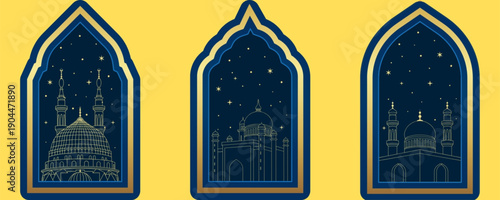 Elegant mosque illustrations in gold and blue arches for Ramadan or Islamic designs