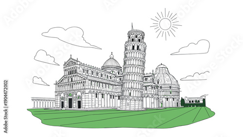 Linear drawing of pisa tower and cathedral under sunny skies