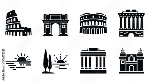 Collection of minimalist iconic roman landmarks in silhouette style