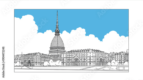 Turin cityscape with mole antonelliana against blue sky in linear art