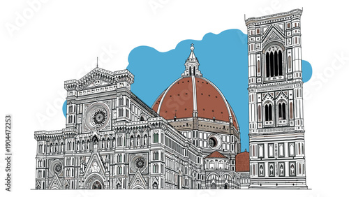 Florence cathedral complex drawing with detailed architecture and blue sky