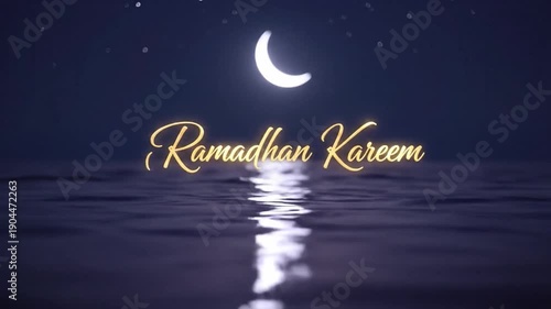 Ramadhan kareem greeting. Crescent moon over water. Night sky with stars. Ramadan mubarak. Mosque celebration background. Vector illustration.