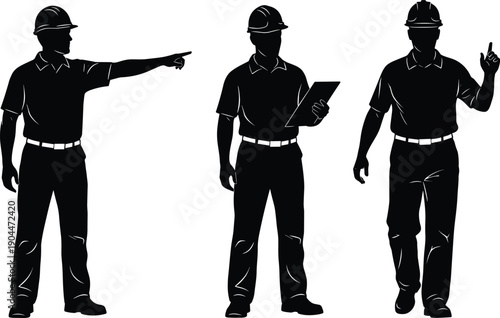 Black silhouette set of three male industrial supervisors wearing hard hats pointing holding a clipboard and gesturing isolated on a white background.