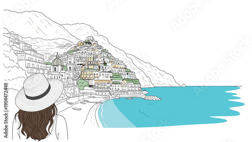 Woman in hat enjoys coastal view of charming mediterranean town