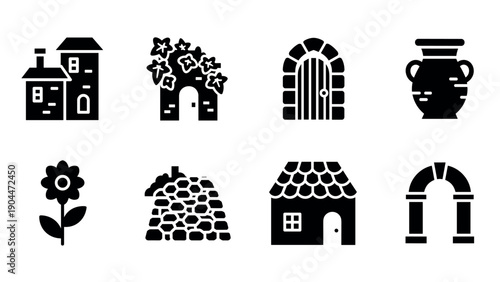 Charming black and white house icon set with arch and floral decor elements