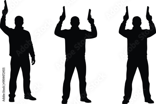 Black silhouette set of three men in tactical gear holding handguns up in the air in shooting stances isolated on white background.