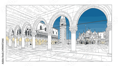 Venice architecture with linear perspective in black and white design