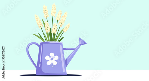 Purple watering can with a flower logo used as a vase for a bunch of white hyacinth flowers on a light blue background.