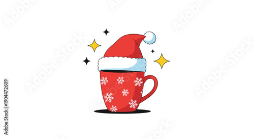 Festive red mug with snowflake patterns wearing a Santa Claus hat surrounded by golden and black stars on white.