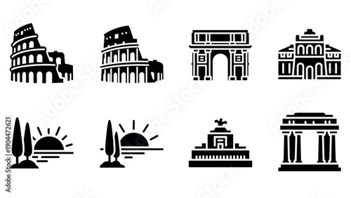 Iconic global landmarks: minimalist silhouette icons collection