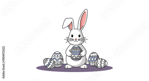 Cute white Easter bunny holding a decorated egg surrounded by more patterned eggs on a light purple background.