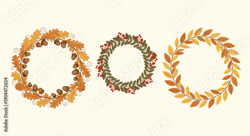 Collection of three autumn wreaths featuring oak leaves acorns rowan berries and seasonal foliage for fall celebrations and decor.