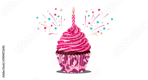 Festive chocolate cupcake topped with swirl of pink icing a birthday candle and sparkling star confetti bursts for celebrations.