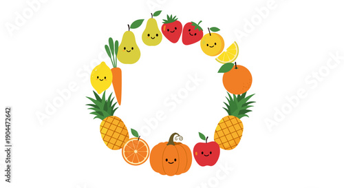 Circular wreath of cute smiling fruits and vegetables including apple pumpkin pineapple and strawberry for healthy eating themes.