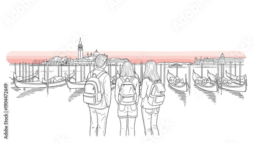 Travelers enjoying venice canal view with gondolas at sunset