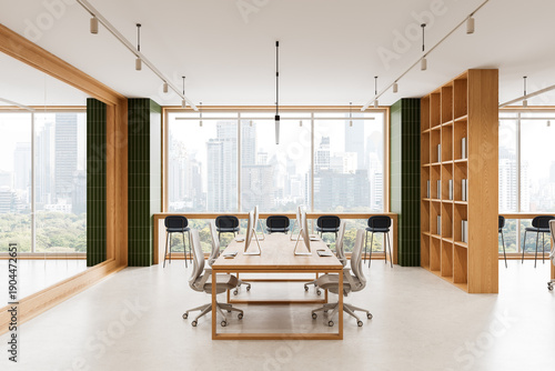 Modern open space office interior with wooden furniture, minimalist design, and large windows overlooking cityscape background in daylight. 3D Rendering