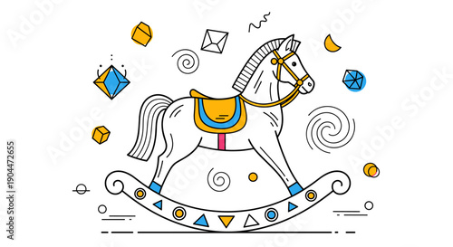 Artistic line drawing of a toy rocking horse surrounded by geometric shapes and cosmic swirls on a clean white background.