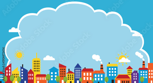 Vibrant cityscape illustration with colorful buildings and trees under a large white cloud frame in a bright blue summer sky.