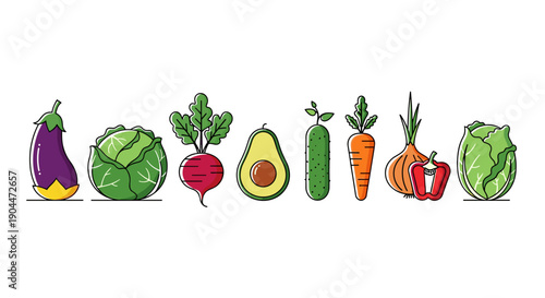 Row of flat design vegetable icons including eggplant cabbage radish avocado and bell pepper for culinary and nutrition themes.