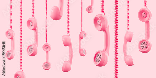 Floating pink retro telephone receivers hanging by cords on pastel background as creative communication concept design. 3D Rendering