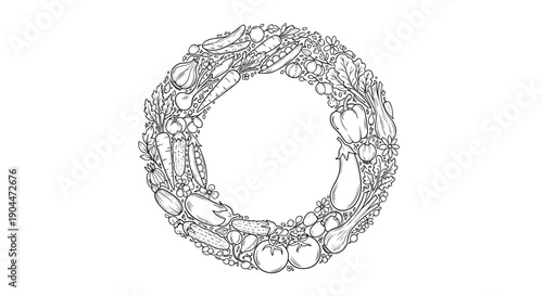 Detailed black and white circular frame made of various garden vegetables perfect for coloring books or organic food logos.