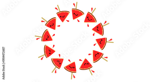 Playful circular pattern of smiling watermelon slice popsicles with juice droplets for a refreshing summer fruit design.