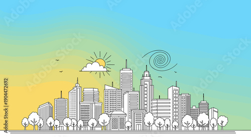 Modern city skyline line art depicting tall buildings and skyscrapers against a soft yellow and blue gradient sunset sky.