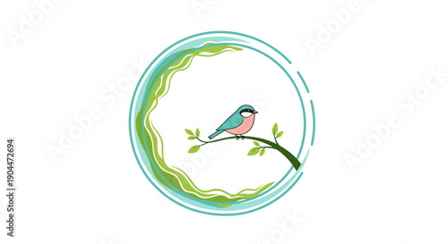 Delicate bird perched on a green leafy branch within a circular artistic frame featuring abstract water wave elements.